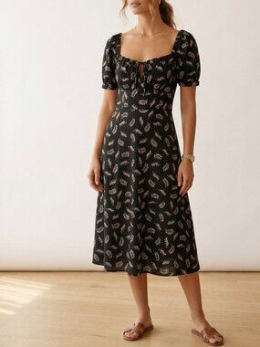 HVN Black Leopard & Leaf Print Ruffle A-Line Dress | Size XS 2